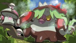 Rule 34 | :o, amoonguss, blacknirrow, blue sky, brute bonnet, commentary, day, evolutionary line, foongus, gen 5 pokemon, grass, highres, nintendo, no humans, open mouth, outdoors, outline, pokemon, pokemon (creature), pokemon focus, sky, spikes, spores, tree, v-shaped eyes, white outline