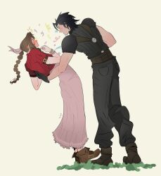 1boy 1girl aerith_gainsborough armor baggy_pants bangle black_gloves black_hair black_pants blue_eyes blush boots bracelet braid braided_ponytail brown_boots brown_hair catching closed_mouth commentary crisis_core_final_fantasy_vii dress ear_blush english_commentary falling final_fantasy final_fantasy_vii final_fantasy_vii_rebirth final_fantasy_vii_remake from_behind full-face_blush full_body gloves green_eyes hair_ribbon hand_on_another&#039;s_back highres jacket jewelry looking_at_another open_mouth pants parted_bangs pink_dress pink_ribbon ponytail red_jacket ribbon short_sleeves shoulder_armor simple_background sleeveless sleeveless_turtleneck spiked_hair standing star_(symbol) sweater trixie_(b1sexualpanic) turtleneck turtleneck_sweater zack_fair