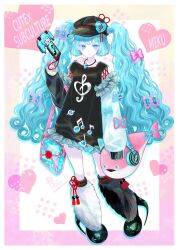 1girl animal_ear_headphones animal_ears bag black_dress black_hat black_shoes blue_bag blue_eyes blue_hair cat_ear_headphones cellphone commentary_request cute_x_subculture_hatsune_miku_design_contest dress fake_animal_ears fashion fashion_style_request fish flat_chest full_body fur_leg_warmers handbag hat hat_ornament hatsune_miku headphones heart heart_hat_ornament highres jewelry leg_warmers long_hair long_sleeves magatama magatama_necklace musical_note necklace newsboy_cap phone see-through_bag shoes smartphone solo standing stuffed_animal stuffed_fish stuffed_toy tarou_umebosi treble_clef twintails very_long_hair vocaloid wavy_hair