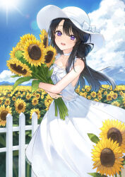 1girl black_hair blush bouquet bow breasts cleavage cloud cloudy_sky collarbone commentary_request day dress facing_viewer fence field floating_hair floral_background flower flower_field hair_bun half_updo hat hat_bow holding holding_bouquet hu_kotora lens_flare light_particles light_rays long_dress long_hair looking_at_viewer medium_breasts open_mouth original outdoors purple_eyes single_hair_bun sky sleeveless sleeveless_dress smile solo sun sun_hat sunflower sunflower_field teeth upper_teeth_only white_dress white_hat wind wooden_fence