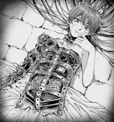 bishounen cable ciel_phantomhive&#039;s_brother closed_mouth earrings ena33333333 eyelashes greyscale highres jewelry kuroshitsuji lying male_focus monochrome on_back short_hair solo