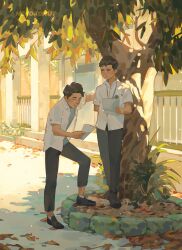 Rule 34 | 2boys, artist name, black hair, black pants, closed eyes, collared shirt, day, full body, grass, highres, holding, holding paper, light blush, looking at another, male focus, multiple boys, nekokonut22, original, outdoors, pants, paper, plant, school uniform, shirt, shoes, short hair, short sleeves, standing, sunlight, tree, white shirt