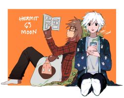 2boys 97ttwwaazz black_eyes blanket blue_coat book brown_hair character_print coat cup derivative_work english_text haori highres holding holding_book holding_cup japanese_clothes leaning_on_person luther_von_ivory male_focus multiple_boys orange_background plaid_clothes plaid_shirt randal&#039;s_friends randal_ivory reading shirt short_hair simple_background sitting tsukada_satoru white_hair