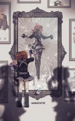 3girls black_footwear black_gloves black_scrunchie black_shirt boots bouquet broken_glass card clenched_hand drawing_(object) eyes_in_shadow facing_away fate/grand_order fate_(series) florence_nightingale_(fate) flower from_behind fujimaru_ritsuka_(female) fujimaru_ritsuka_(female)_(polar_chaldea_uniform) full_body gerda_(fate) glass gloves goetia_(fate) grey_skirt hair_between_eyes hair_ornament hair_scrunchie holding holding_bouquet itoma_(itoma51) looking_at_another marie_antoinette_(fate) medium_hair merlin_(fate) multiple_girls one_side_up orange_hair patxi_(fate) picture_frame pink_flower red_eyes romani_archaman scrunchie sepia_background shirt sideways_glance silhouette skirt solo_focus standing tarot tarot_card the_sun_(tarot)