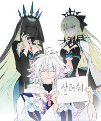 1boy 2girls black_bow black_tiara blue_eyes bow braid closed_eyes crown fate/grand_order fate_(series) gjtthflmaster hair_between_eyes hair_bow half_up_braid long_hair merlin_(fate) morgan_le_fay_(fate) morgan_le_fay_(fate/apocrypha) morgan_le_fay_(third_ascension)_(fate) multiple_girls ponytail simple_background smile spikes tiara veil very_long_hair white_hair