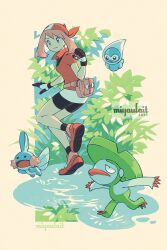 1girl artist_name bandana bike_shorts blue_eyes brown_hair castform castform_(rainy) collared_shirt creatures_(company) eyelashes fanny_pack game_freak gen_3_pokemon gloves grin hand_up highres holding holding_poke_ball lombre may_(pokemon) medium_hair miyaulait mudkip nintendo pink_bag poke_ball poke_ball_(basic) pokemon pokemon_(creature) pokemon_rse puddle red_bandana red_shirt red_shoes shirt shoes short_sleeves skirt smile socks standing teeth water white_skirt