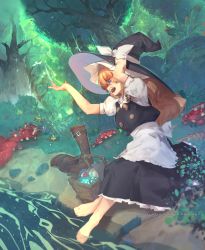 Rule 34 | &gt;:d, 1girl, :d, apron, barefoot, basket, bird, blonde hair, blue eyes, blush, boots, braid, breasts, dress, feet, female focus, forest of magic, hat, highres, kirisame marisa, lips, long hair, long skirt, magic, medium breasts, mushroom, open mouth, partially submerged, phymagi, puffy short sleeves, puffy sleeves, river, shoes, short sleeves, single braid, sitting, skirt, smile, solo, sparkle, thick eyebrows, touhou, tree, unworn boots, unworn shoes, v-shaped eyebrows, waist apron, wavy hair, witch hat