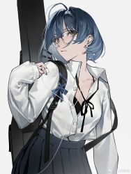 1girl absurdres ahoge bespectacled black-framed_eyewear black_bra black_ribbon black_skirt blue_bow blue_hair blunt_bangs bocchi_the_rock! bow bra breasts buckle cleavage closed_mouth collarbone collared_shirt cowboy_shot double-parted_bangs dress_shirt earbuds earphones expressionless eyelashes glasses grey_background guitar_case hair_between_eyes hair_intakes hair_ornament hairclip high-waist_skirt highres holding_earbud instrument_case jiutian_shuli listening_to_music long_sleeves looking_at_viewer mole mole_under_eye neck_ribbon partially_unbuttoned pleated_skirt pointy_nose ribbon school_uniform shimokitazawa_high_school_uniform shirt short_hair simple_background skirt sleeves_past_wrists solo standing underwear watermark weibo_watermark white_shirt yamada_ryo yellow_eyes