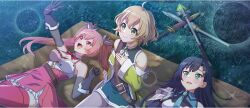3girls :d ahoge arm_support armor armpit_crease asymmetrical_bangs belt black_gloves black_hair blonde_hair blue_necktie blush boobplate bow breastplate breasts brown_belt cielo_(konosuba) cleavage closed_mouth collar dagger detached_collar dress elbow_gloves erika_(konosuba) game_cg gloves grass green_brooch green_dress green_eyes grey_pantyhose hair_bow hair_ornament hair_tie hairclip hand_on_own_chest highres knife kono_subarashii_sekai_ni_shukufuku_wo! konosuba!_fantastic_days large_breasts lia_(konosuba) light_blush long_hair looking_up lying medium_breasts multiple_girls neck_ribbon necktie official_art on_back open_mouth outdoors outstretched_arm pantyhose pauldrons pink_dress pink_eyes pink_hair pink_ribbon pink_thighhighs polearm ribbon short_dress short_hair shoulder_armor shoulder_belt single_pauldron single_sidelock sitting smile sparkle staff thighhighs twintails wavy_hair weapon white_bow white_collar white_dress