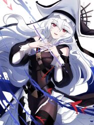 1girl arknights black_dress black_hat black_pantyhose commentary_request cowboy_shot dress dutch_angle hands_on_own_chest hat highres long_hair long_sleeves looking_at_viewer nicole_(lion) pantyhose pelvic_curtain red_eyes simple_background solo specter_(arknights) specter_the_unchained_(arknights) white_background white_hair