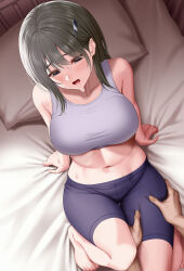 Rule 34 | 1girl, barefoot, bed sheet, bike shorts, black shorts, grey eyes, grey hair, grey sports bra, hair ornament, hairclip, huyumitsu, lips, massage, motion lines, navel, open mouth, original, sheet grab, shorts, solo, sports bra, stomach, sweat, taut clothes, thigh grab