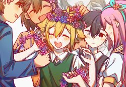 Rule 34 | 2girls, 4boys, antenna hair, aubrey (faraway) (omori), aubrey (omori), bailan1130, basil (faraway) (omori), basil (omori), black eyes, black hair, black sweater vest, blonde hair, blue hairband, blue sweater, blush, bright pupils, brothers, brown eyes, brown hair, closed eyes, closed mouth, collared shirt, dark-skinned male, dark skin, flower, green sweater vest, grey eyes, grin, hair flower, hair ornament, hairband, head wreath, hero (faraway) (omori), hero (omori), heterochromia, highres, jacket, kel (faraway) (omori), kel (omori), long hair, long sleeves, looking at another, mari (omori), mari (spirit) (omori), multiple boys, multiple girls, omori, open mouth, pink hair, shirt, short hair, short sleeves, siblings, smile, spoilers, sunny (omori), sweater, sweater vest, teeth, upper teeth only, white jacket, white pupils, white shirt