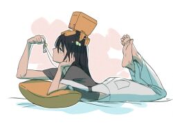 Rule 34 | 1girl, barefoot, black hair, black shirt, chestnut ann, commentary request, conch (gundam), feet, feet up, gundam, gundam gquuuuuux, highres, long hair, lying, nyaan (gundam gquuuuuux), on stomach, overalls, pillow, profile, shirt, soles, solo, t-shirt, the pose, white overalls