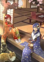 2girls animal blue_hair blue_kimono book cat floral_print flower fox hair_flower hair_ornament highres holding holding_animal holding_book holding_cat japanese_clothes kimono long_hair love_live! love_live!_school_idol_project multiple_girls nishikino_maki open_book open_mouth orein purple_eyes red_hair red_kimono shouji sitting sliding_doors smile sonoda_umi tatami veranda wide_sleeves yellow_eyes