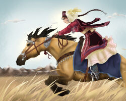 amir_halgal blue_sky boots braid braided_ponytail breasts brown_eyes brown_hair closed_mouth cloud cloudy_sky dress ear_piercing earrings grasslands highres holding horse horseback_riding ishicle jewelry kazakh_clothes kazakhstan lips long_hair looking_to_the_side medium_breasts mountain necklace otoyomegatari piercing ponytail red_dress riding saddle sky solo very_long_hair
