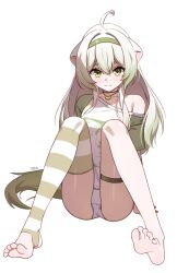 1girl absurdres ahoge animal_ears asymmetrical_legwear ferret_ears food fruit gradient_hair green_eyes green_hair green_hairband green_shirt hairband highres indie_virtual_youtuber laimu_(vtuber) laimu_(vtuber)_(cozy) lime_(fruit) lime_necklace lime_slice long_hair looking_at_viewer multicolored_hair off-shoulder_shirt off_shoulder panties shirt simple_background single_thighhigh sitting solo stirrup_legwear striped_clothes striped_thighhighs t-shirt thighhighs toeless_legwear underwear virtual_youtuber white_background white_hair white_panties x_xith_x