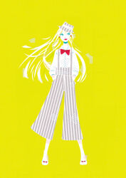 1girl blonde_hair bow bowtie collared_shirt commentary_request dress_shirt footwear_bow full_body grey_hat grey_pants hands_in_pockets hat long_hair looking_to_the_side looking_up masking_tape_(medium) mixed_media multicolored_hair original pants red_bow red_bowtie red_lips ryono shirt shoes sleeves_rolled_up solo standing striped_clothes striped_headwear striped_pants suspenders three-quarter_sleeves top_hat traditional_media two-tone_hair unconventional_media vertical-striped_clothes vertical-striped_headwear vertical-striped_pants white_hair white_shirt white_shoes yellow_background