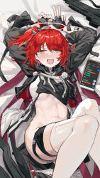 1girl 463_jun absurdres arknights black_gloves blush breasts cropped_jacket exusiai_(arknights) exusiai_the_new_covenant_(arknights) fingerless_gloves gloves highres long_hair lying medium_breasts navel on_back open_mouth orange_eyes red_hair shirt side_ponytail skindentation stomach thigh_strap thighhighs weapon white_shirt white_thighhighs