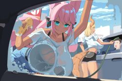 1boy 2girls against_glass animal_ears aqua_eyes ass bamboowacker black_bra black_shorts blonde_hair blue_shorts blush bra bra_visible_through_clothes breast_press breasts breasts_on_glass car car_wash_(place) closed_mouth dark-skinned_female dark_skin denim denim_shorts dragon_girl dragon_horns foam fox_ears fox_girl fox_tail from_behind highres holding holding_hose holding_sponge horns hose huge_breasts large_tail leaning_forward lips long_hair looking_at_viewer motor_vehicle multiple_girls original pink_hair shirt short_hair shorts slit_pupils smile sponge tail underwear very_long_hair washing_vehicle wet wet_clothes wet_shirt white_shirt