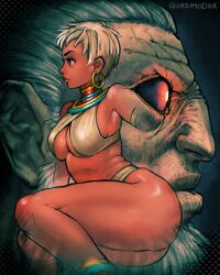 Rule 34 | 1boy, 1girl, absurdres, akuma (street fighter), artist name, ass, blonde hair, blue eyes, breasts, cleavage, commentary, dark-skinned female, dark skin, earrings, elena (street fighter), english commentary, highres, hoop earrings, jewelry, large breasts, lips, looking at viewer, medium breasts, neck ring, quasimodox, revision, short hair, sideboob, street fighter, street fighter 6, street fighter iii (series), swimsuit, thighs, underboob, very dark skin, white hair