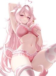Rule 34 | 1girl, absurdres, arms up, bikini, breasts, covered navel, grabbing own breast, highres, long hair, pink bikini, pink hair, pr ponnyan, solo, swimsuit, thighhighs
