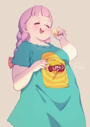 Rule 34 | 1girl, absurdres, braid, breasts, chips (food), closed eyes, cloudxmoe, eating, fat, fat woman, food, happy, highres, jasminka antonenko, little witch academia, medium breasts, nightgown, pink hair, plump, potato chips, solo, twin braids