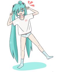 1girl aged_down arms_up blue_bow blue_eyes blush bow bow_panties female_focus hatsune_miku jua long_hair looking_at_viewer open_mouth panties shadow shirt simple_background socks solo standing standing_on_one_leg t-shirt underwear vocaloid white_background