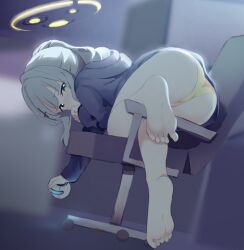 1girl ass bare_legs barefoot blue_archive chair cross_hair_ornament drone feet from_behind green_eyes grey_hair hair_ornament halo hare_(blue_archive) hashtag-only_commentary highres hood hoodie legs medium_hair meng_yin no_pants office_chair panties pantyshot ponytail soles solo spread_toes swivel_chair thighs toes underwear yellow_panties