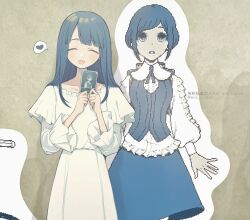 1girl :d ^_^ blue_hair card cardboard_cutout closed_eyes commentary_request dress frilled_shirt frills fukurai_azami hands_up heart highres holding holding_card long_hair long_sleeves noi_(noi_pk27) open_mouth photo_background sato_mio shirt short_hair smile spoken_heart standing toshi_densetsu_kaitai_center white_dress