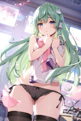 1girl :o aqua_eyes bag black_panties black_thighhighs blush breasts cameltoe cherry_blossoms classroom desk frog_hair_ornament gluteal_fold green_hair hair_ornament hair_tubes holding holding_shirt holding_unworn_clothes indoors kochiya_sanae lens_flare long_hair miyase_mahiro open_mouth panties school_bag school_desk school_uniform shirt side-tie_panties snake_hair_ornament solo standing thighhighs touhou underwear unworn_shirt white_shirt wide_hips window