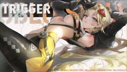 Rule 34 | 1girl, arched back, armpits, black mask, blonde hair, blue eyes, blush, breasts, broken glass, character name, commentary, english commentary, glass, harness, highres, holding, holding mask, looking at viewer, lying, mask, medium breasts, on back, parted bangs, r0 0ong, skin tight, solo, trigger (zenless zone zero), underboob, unworn mask, zenless zone zero