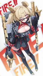 1girl ;d absurdres black_skirt black_thighhighs black_tube_top blonde_hair breasts burnice_white cleavage english_text flamethrower full_body hair_ornament highres holding holding_flamethrower holding_weapon large_breasts long_sleeves looking_at_viewer looking_over_eyewear midriff one_eye_closed open_mouth propane_tank red-tinted_eyewear red_eyes shoes sido_262 simple_background skirt smile solo spiked_belt spiked_jacket strapless sunglasses thighhighs tinted_eyewear tube_top twintails weapon zenless_zone_zero