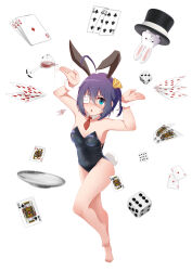 :o absurdres ahoge animal animal_ears barefoot black_leotard blue_eyes blush breasts card chuunibyou_demo_koi_ga_shitai! cleavage detached_collar dice eyepatch glass hair_between_eyes hat highres leotard medical_eyepatch medium_breasts medium_hair necktie playing_card rabbit rabbit_ears rabbit_tail red_necktie seisen short_necktie tail takanashi_rikka top_hat wrist_cuffs