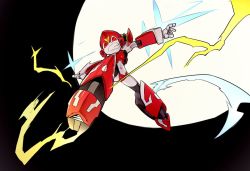 1girl bingshan breasts chinese_commentary clenched_teeth electricity looking_down magic_henshin mecha navel open_hand red_eyes robot scarlet_sonic science_fiction small_breasts solo teeth