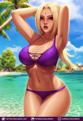 1girl armpits arms_behind_head arms_up beach bikini blonde_hair blue_sky breasts brown_eyes cleavage cloud collarbone commentary cross-laced_bikini cross-laced_clothes day english_commentary facial_mark forehead_mark gumroad_logo gumroad_username highres large_breasts legs_together lips lipstick looking_at_viewer luminyu makeup mature_female mole mole_on_breast naruto naruto_(series) navel nose open_mouth outdoors paid_reward_available palm_tree patreon_logo patreon_username purple_bikini red_lips sand sky solo standing strap_gap swimsuit tree tsunade_(naruto) twitter_logo twitter_username water watermark web_address