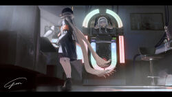 0gen3_illust 2girls armband bar_stool black_border black_coat black_hat booth_seating border bracelet chair coat commentary_request crossed_arms from_below grey_hair hairband hat highres indoors jewelry jukebox long_hair multiple_girls open_mouth original painting_(object) purple_eyes record scarf short_hair signature standing stool translation_request