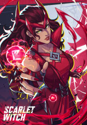 1girl bare_shoulders breasts brown_hair cleavage earrings fingerless_gloves freckles gloves green_eyes highres jewelry jhony_caballero lipstick long_hair looking_at_viewer magic makeup marvel marvel_rivals scarlet_witch simple_background skirt solo superhero_costume tiara wanda_maximoff witch
