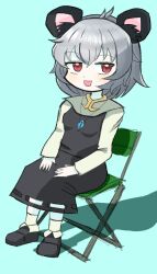 1girl animal_ear_fluff animal_ears black_shoes blue_background commentary_request cookie_(touhou) crystal director&#039;s_chair grey_hair grey_skirt grey_vest highres jewelry long_sleeves looking_at_viewer mouse_ears mouse_girl nazrin necklace nyon_(cookie) open_mouth pendant pro55h red_eyes shirt shoes short_hair simple_background sitting skirt skirt_set socks solo touhou vest white_shirt white_socks
