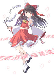 Rule 34 | 1girl, absurdres, ascot, between fingers, blush, bow, breasts, brown hair, commentary request, detached sleeves, frilled bow, frilled hair tubes, frilled skirt, frills, full body, gohei, hair bow, hair tubes, hakurei reimu, highres, holding, holding gohei, kk0220, long hair, looking at viewer, midriff, ofuda, ofuda between fingers, platform sandals, red bow, red eyes, red skirt, ribbon-trimmed sleeves, ribbon trim, sandals, skirt, skirt set, small breasts, socks, solo, touhou, white socks, yellow ascot
