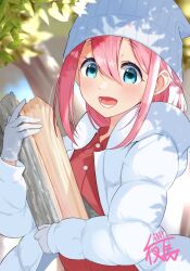 1girl amaneyonaga blue_eyes blush button_shirt coat day feet_out_of_frame female_focus gloves hair_between_eyes hat holding kagamihara_nadeshiko log long_hair long_sleeves looking_at_viewer open_clothes open_coat open_mouth outdoors pink_eyes shirt solo standing winter_clothes winter_coat yurucamp
