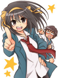 1boy 1girl blazer blue_sailor_collar blue_skirt blush brown_eyes brown_hair brown_pants collarbone commentary_request cosplay costume_switch crossdressing embarrassed green_jacket hair_between_eyes hair_ribbon hairband hand_on_own_hip index_finger_raised jacket kita_high_school_uniform kyon long_sleeves necktie open_clothes open_jacket open_mouth pants pointing pointing_at_viewer red_necktie red_ribbon ribbon sailor_collar school_uniform serafuku shirt short_hair simple_background skirt smile star_(symbol) suzumiya_haruhi suzumiya_haruhi_no_yuuutsu taiki_(6240taiki) white_background white_shirt yellow_hairband yellow_ribbon