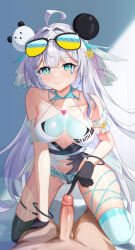 1boy 1girl absurdres ahoge armband asymmetrical_legwear bad_id bad_pixiv_id bare_shoulders black_gloves black_one-piece_swimsuit black_thighhighs blue_eyes blurry bokeh breasts character_request closed_mouth clothed_female_nude_male clothing_cutout collarbone commentary copyright_request depth_of_field erection eyewear_on_head frilled_armband frills girl_on_top gloves hair_intakes heart highres le_huo long_hair looking_at_viewer medium_breasts mismatched_legwear multicolored_swimsuit navel_cutout nude one-piece_swimsuit pov smile swimsuit teardrop_facial_mark thighhighs thighs two-tone_one-piece_swimsuit uncensored white_hair white_one-piece_swimsuit white_thighhighs