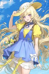 1girl a_(sofi3103) blonde_hair blue_dress blue_sky breasts collarbone commentary_request cowboy_shot day dress fingernails hair_spread_out hat highres long_hair looking_at_viewer nail_polish official_alternate_costume open_mouth outdoors phoebe_(wuthering_waves) purple_eyes scrunchie shirt signature sky small_breasts smile solo very_long_hair wrist_scrunchie wuthering_waves yellow_hat yellow_nails yellow_scrunchie yellow_shirt