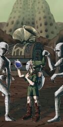 1boy 2others absurdres blonde_hair boots bottle gibdo gibdo_mask gus_uur hand_up hat hat_grab highres house link looking_at_another mask monster mountain multiple_others mummy nintendo outdoors pointy_ears potion standing sword sword_on_back the_legend_of_zelda the_legend_of_zelda:_majora&#039;s_mask tower tunic weapon weapon_on_back