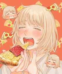 1girl :q alt_text blonde_hair blush chibi chibi_inset closed_eyes closed_mouth collared_shirt dungeon_meshi eating falin_touden falin_touden_(tallman) food hands_up highres holding holding_food holding_pizza open_mouth orange_background pizza pizza_slice portrait print_background sasakura34 shirt short_hair solo teeth tongue tongue_out white_shirt