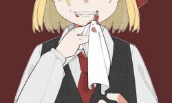 1girl black_vest blonde_hair blood blood_on_clothes blood_on_face bolos collared_shirt eyes_out_of_frame grin handkerchief head_out_of_frame holding holding_handkerchief necktie red_background red_necktie rumia sharp_teeth shirt smile solo teeth touhou upper_body vest white_shirt wiping_blood