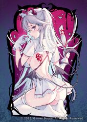 Rule 34 | 1girl, ass, back cutout, beyumi, blood, blood on gloves, bloody weapon, clothing cutout, copyright notice, dress, gamer supps, gloves, grey eyes, grey hair, hat, highres, holding, holding weapon, horns, indie virtual youtuber, long hair, low wings, median furrow, nurse, nurse cap, pointy ears, solo, thighhighs, vei (vtuber), virtual youtuber, weapon, white dress, white gloves, white hat, white thighhighs, wings