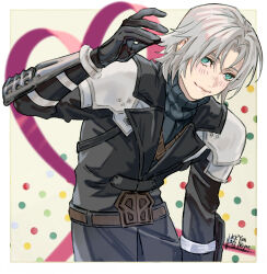 1boy aqua_eyes arm_armor arm_up armor belt black_coat black_gloves blue_sweater blush bracer brown_belt chest_strap coat commentary cowboy_shot embarrassed english_commentary final_fantasy final_fantasy_vii final_fantasy_vii_ever_crisis gloves grey_hair hair_between_eyes hair_intakes leaning_forward light_smile long_sleeves looking_at_viewer male_focus pauldrons polka_dot polka_dot_background purple_ribbon ribbon sephiroth sephiroth_(ever_crisis) short_hair shoulder_armor signature solo sweater turtleneck turtleneck_sweater upper_body vendobear