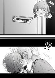 3girls age_difference blush bow_hairband closed_eyes commentary ebizuka_tomo girls_band_cry greyscale hairband highres iseri_nina kiss lwmina70119 medium_hair mole mole_under_eye monochrome multiple_girls open_mouth rupa_(girls_band_cry) short_hair short_twintails smile twintails waving yuri
