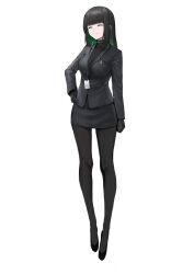 1girl absurdres allmind_(armored_core_vi) armored_core armored_core_vi:_fires_of_rubicon black_gloves black_hair black_jacket black_pantyhose black_suit closed_eyes colored_inner_hair erorange formal_clothes gloves green_hair highres jacket lanyard long_hair multicolored_hair pantyhose personification shoes smile solo suit white_background